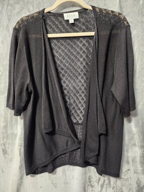 Elle Womens Bolero Cropped Sweater L Black Open Front Lightweight Stretch Lacey